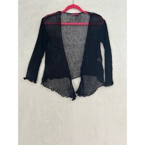 Shu-Shi Black Sheer Open Knit Cardigan Boho Asymmetrical Lettuce Edge Sweater